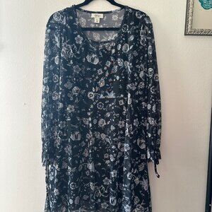 Women's Style&Co. Mesh Dress - Black with Floral Print - Long sleeve - Size XL